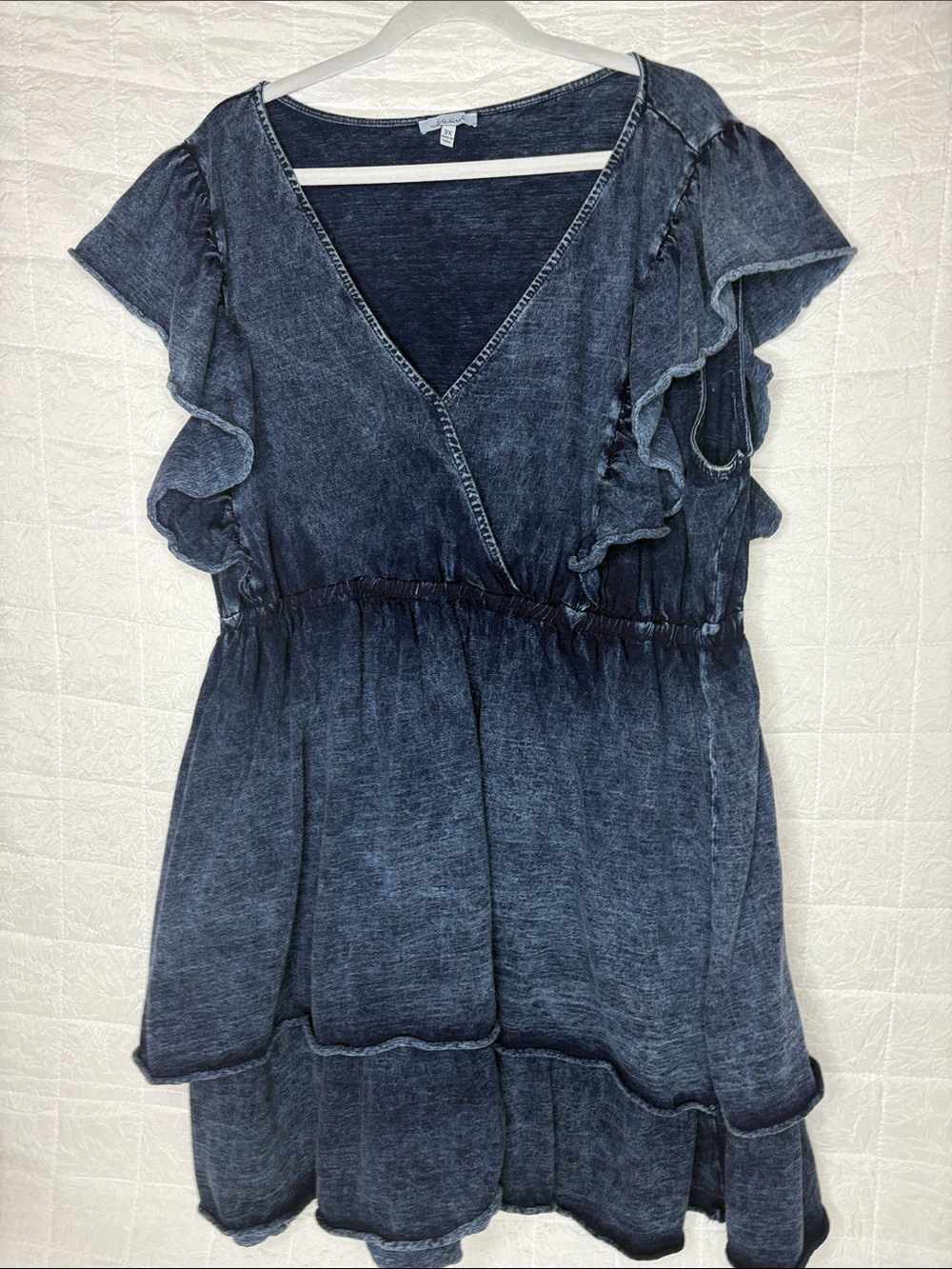 White Birch 3X Plus Size Mineral Wash Babydoll Dress Ruffle Sleeve Blue